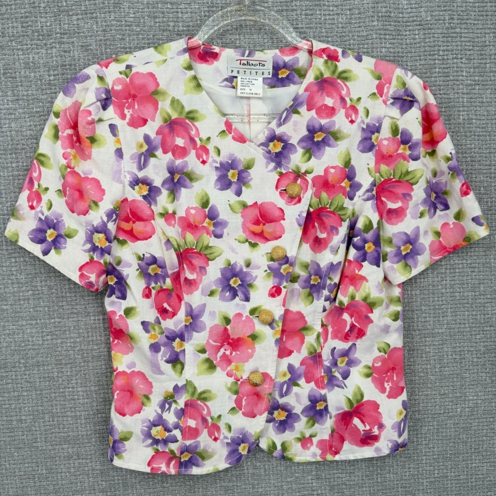 Vintage Talbots Petites‎ Skirt Set Womens 10P Pink Purple Floral Linen Cottage - Picture 3 of 11